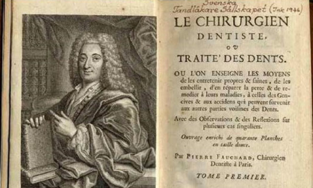 An open book with a portrait of A dentist from France named Pierre Fauchard